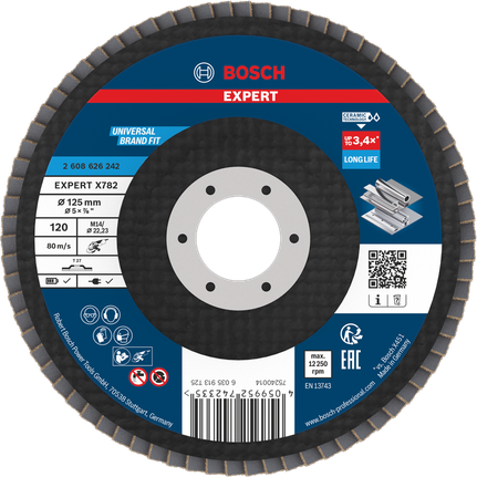 Lamelový kotouč Bosch EXPERT X782 125 mm G120 pro broušení kovů s dlouhou životností.